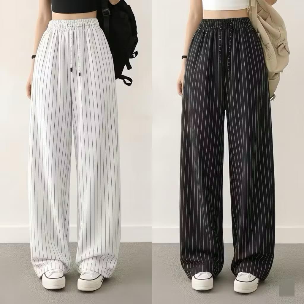 Everyday Pants - Stripe Pants - Celana Panjang Wanita Baggy Kantor Kuliah Motif Garis Kulot Pinstripe