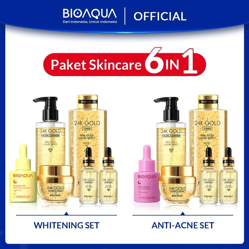 BIOAQUA Skincare 1 Set Lengkap 6pcs With Brightening Serum Wajah / Acne Essence / Day & Night Pelembab Wajah Cream Krim / Hydrating Toner Wajah / Facial Wash Sabun Cuci Muka Skincare Paket