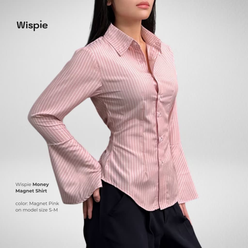 Wispie Money Magnet Fitted Shirt | Kemeja Kerja Wanita Press Body Pinstripe Salur Pink